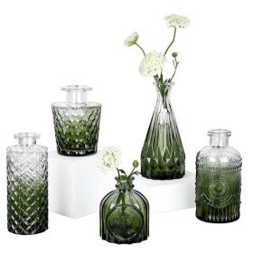 Glass Bud Vase Set of 5, Small Green Flower Vases for Centerpieces in Bulk, Mini Vintage Vase for Wedding Decor, Single Flowers, and Home Table DÃ©cor