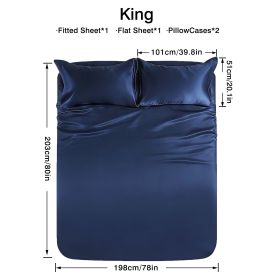 4-piece ultra-soft 85g satin sheet and pillowcase set, solid color, machine washable, suitable for all seasons, comfortable bedding set, for single (Color: Dark blue, size: king(75.98''*79.92''))